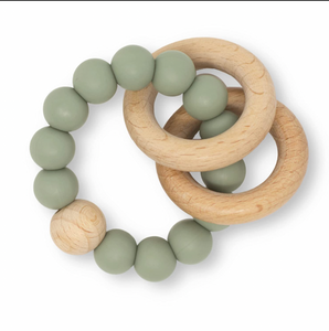Silicone and Wood Ring Baby Teether in sage green