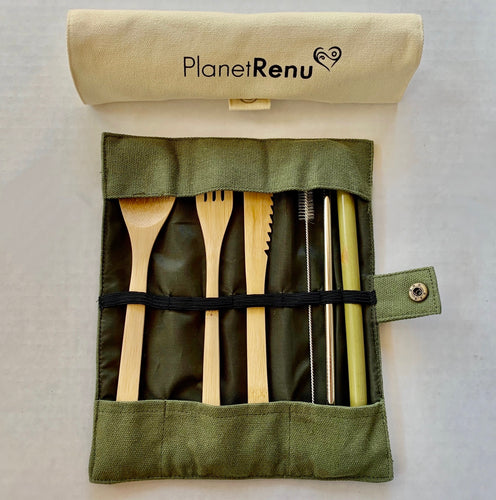 bamboo cutlery set with straw and cleaner, reusable fork and knife