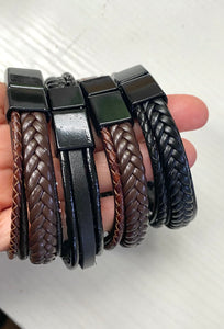 Mens Cuff Bracelet Braided Leather Multi-bands Brown or Black
