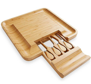 Bamboo Cheese Board and Knife Set with Cutlery In Slide Out Drawer