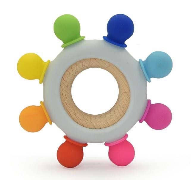 Silicone/ Wood Teether for babies in rainbow