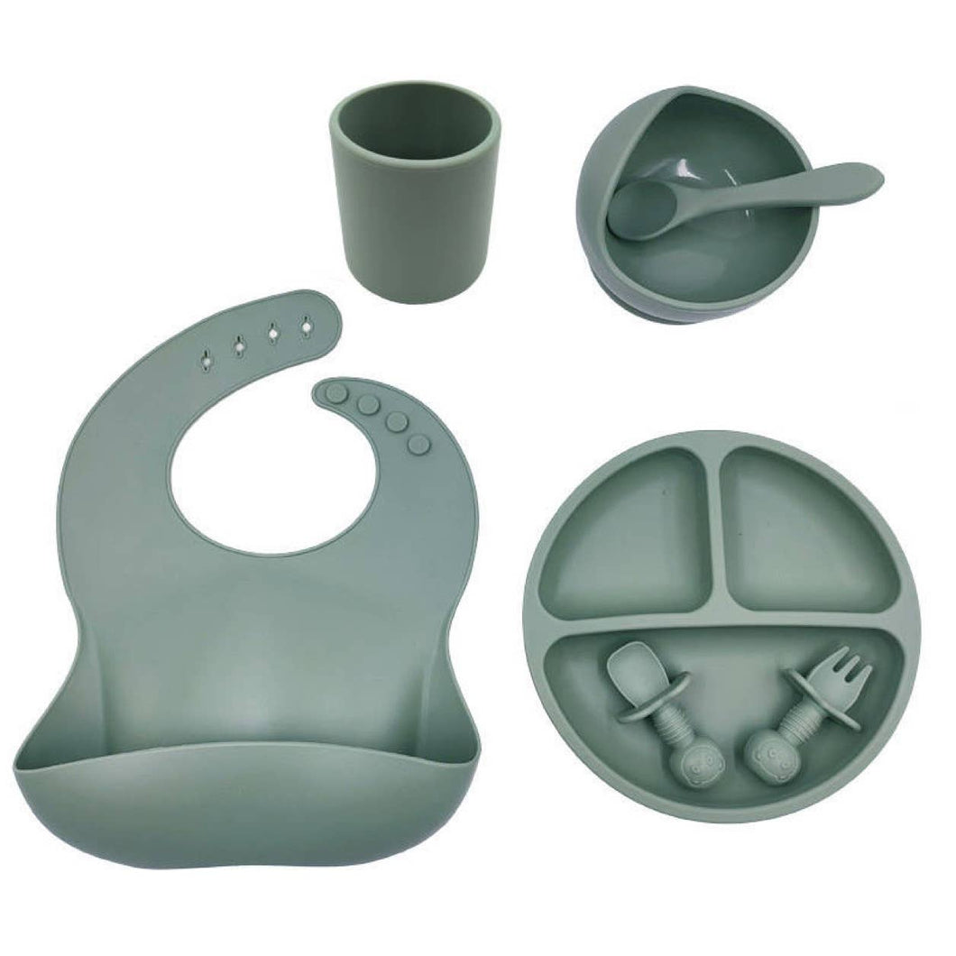 7 Piece Silicone Feeding Set for kids in sage