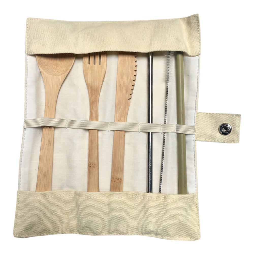 Bamboo Cutlery Set with Bamboo Straw, Stainless Steel Straw + Cleaning Brush